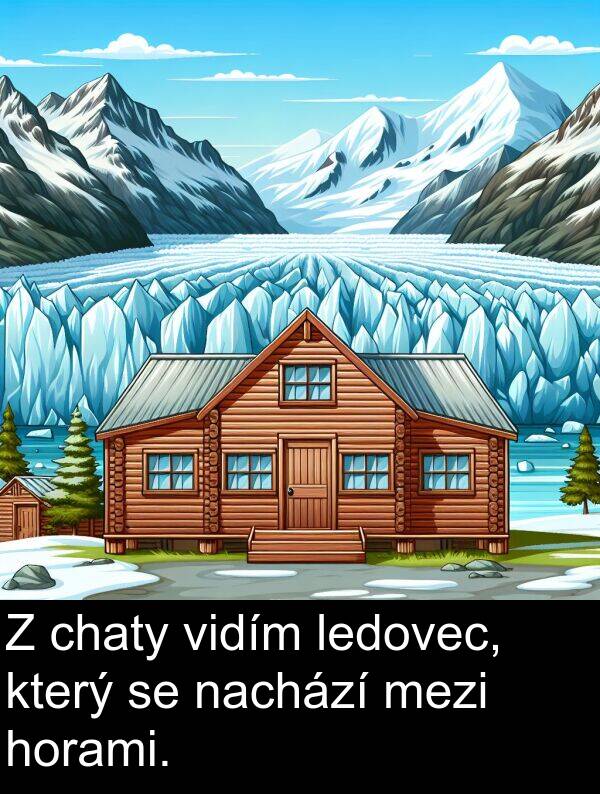 ledovec: Z chaty vidím ledovec, který se nachází mezi horami.