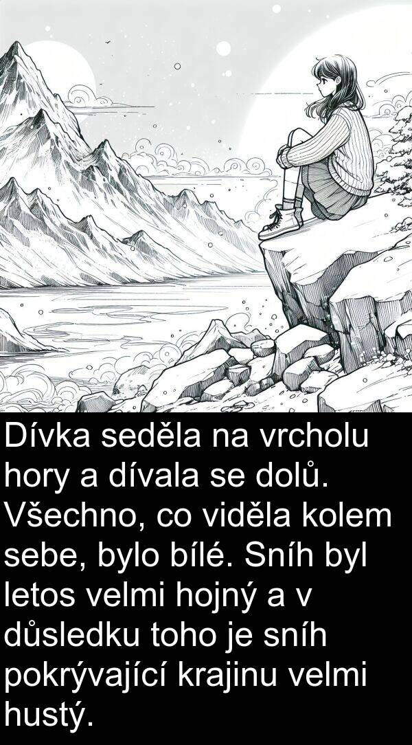 sebe: Dívka seděla na vrcholu hory a dívala se dolů. Všechno, co viděla kolem sebe, bylo bílé. Sníh byl letos velmi hojný a v důsledku toho je sníh pokrývající krajinu velmi hustý.