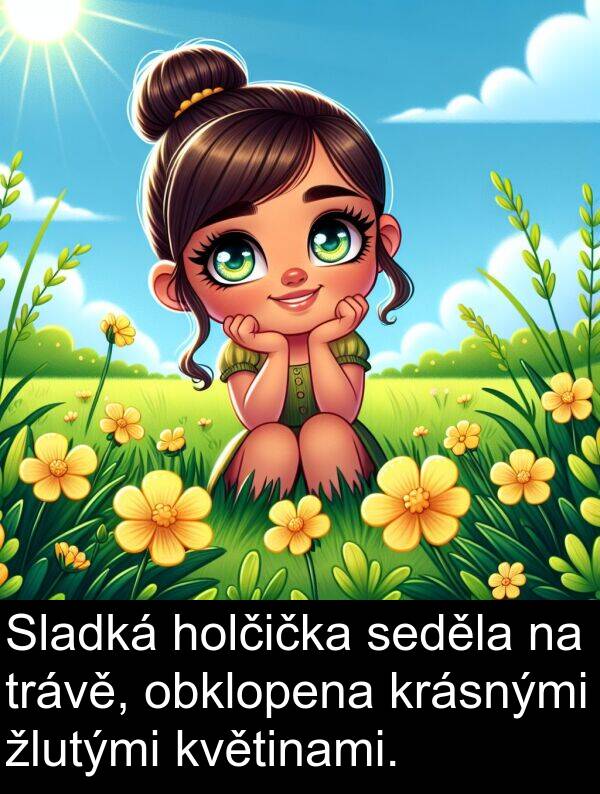 žlutými: Sladká holčička seděla na trávě, obklopena krásnými žlutými květinami.