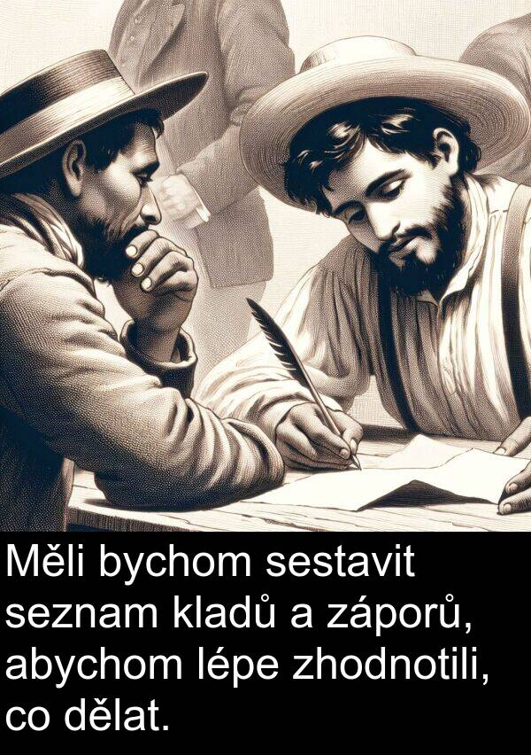 zhodnotili: Měli bychom sestavit seznam kladů a záporů, abychom lépe zhodnotili, co dělat.