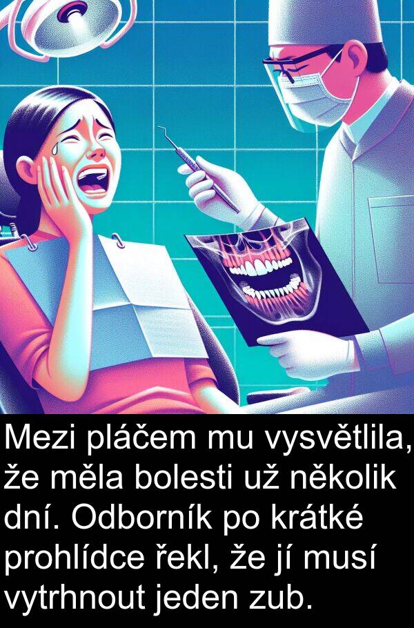 řekl: Mezi pláčem mu vysvětlila, že měla bolesti už několik dní. Odborník po krátké prohlídce řekl, že jí musí vytrhnout jeden zub.