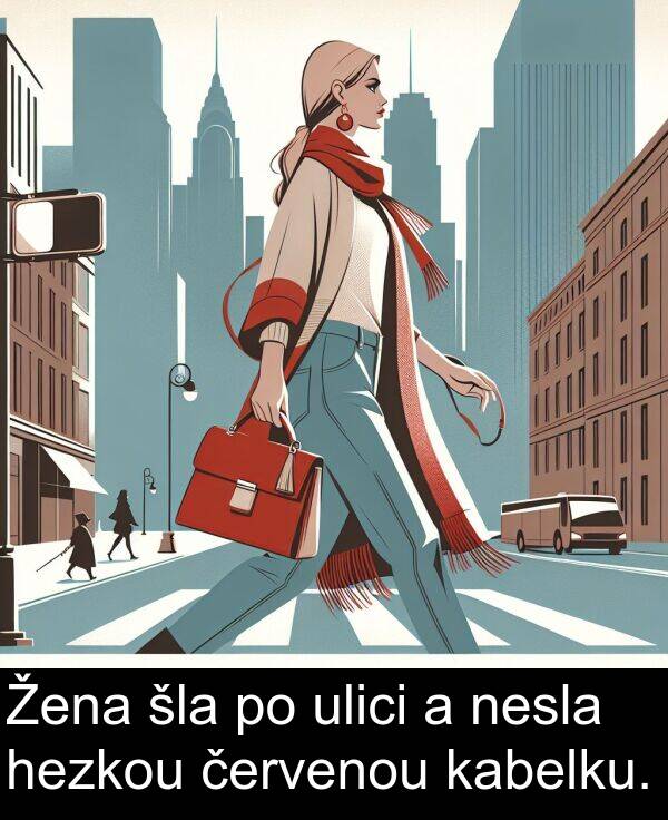 šla: Žena šla po ulici a nesla hezkou červenou kabelku.