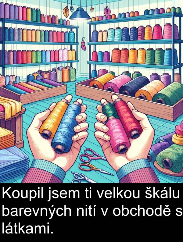 obchodě: Koupil jsem ti velkou škálu barevných nití v obchodě s látkami.
