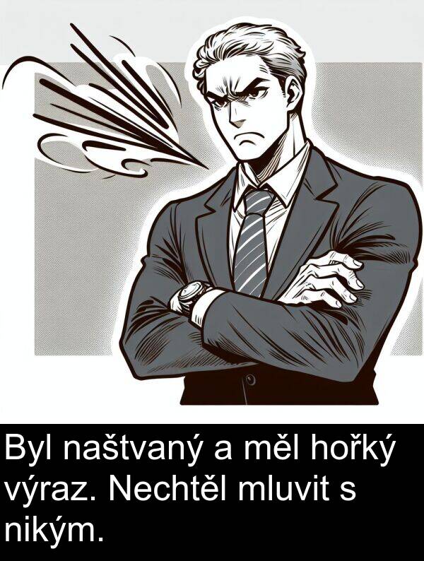 naštvaný: Byl naštvaný a měl hořký výraz. Nechtěl mluvit s nikým.