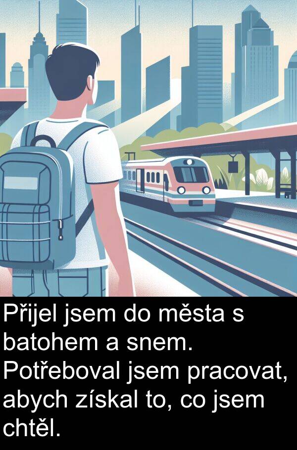 chtěl: Přijel jsem do města s batohem a snem. Potřeboval jsem pracovat, abych získal to, co jsem chtěl.