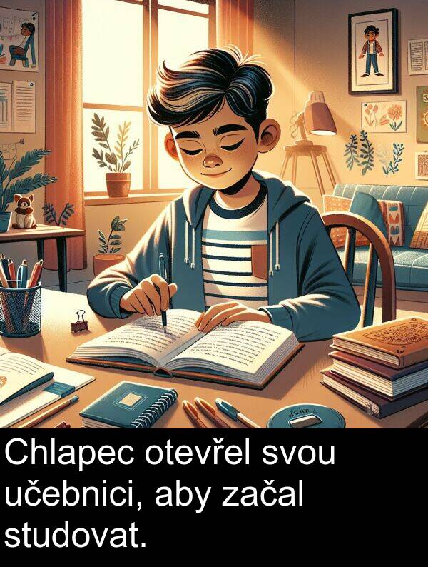 začal: Chlapec otevřel svou učebnici, aby začal studovat.