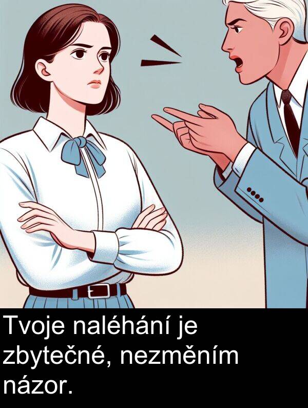 názor: Tvoje naléhání je zbytečné, nezměním názor.