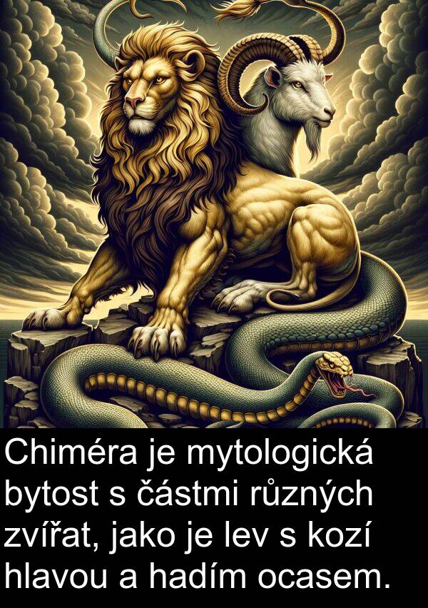 hadím: Chiméra je mytologická bytost s částmi různých zvířat, jako je lev s kozí hlavou a hadím ocasem.