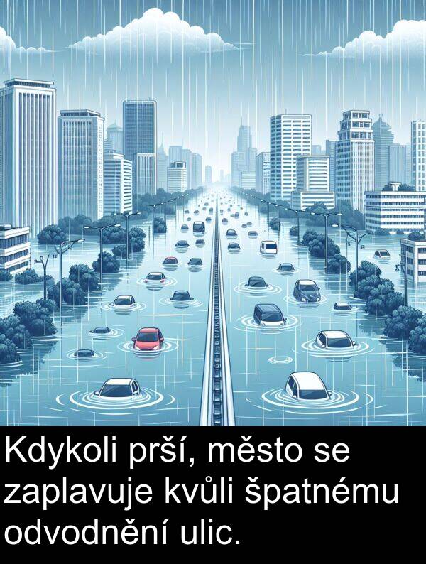 prší: Kdykoli prší, město se zaplavuje kvůli špatnému odvodnění ulic.