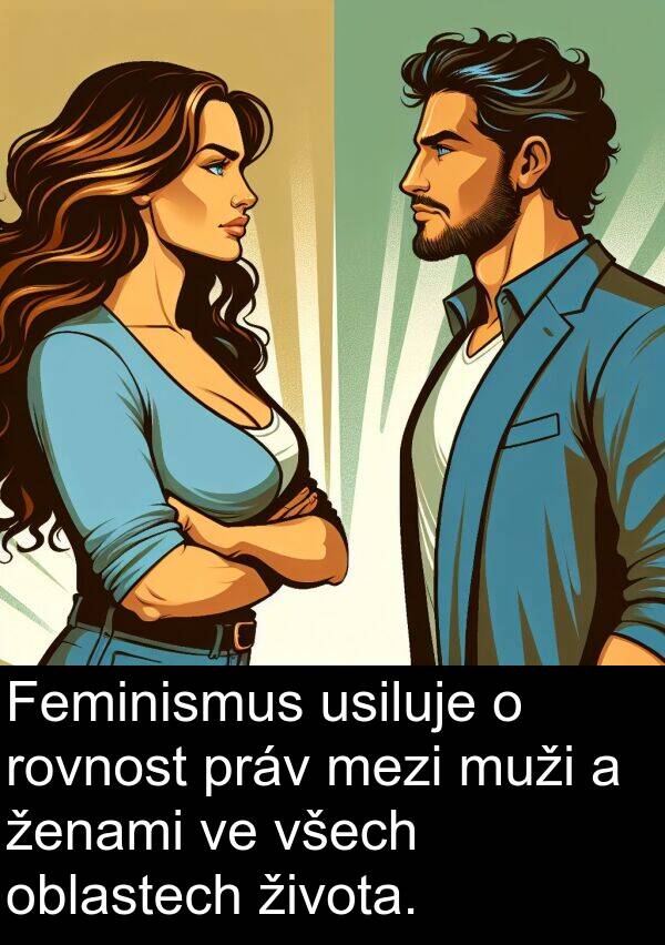 ženami: Feminismus usiluje o rovnost práv mezi muži a ženami ve všech oblastech života.