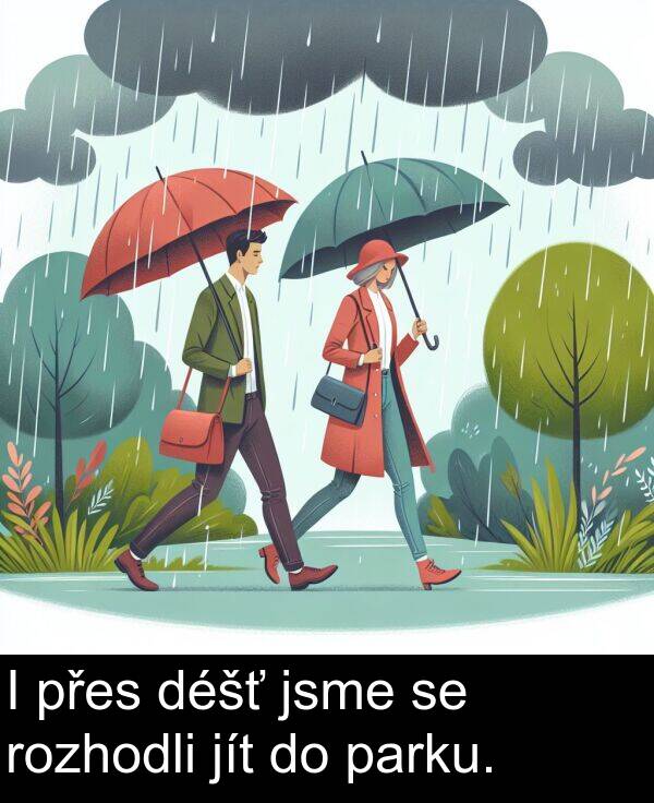přes: I přes déšť jsme se rozhodli jít do parku.
