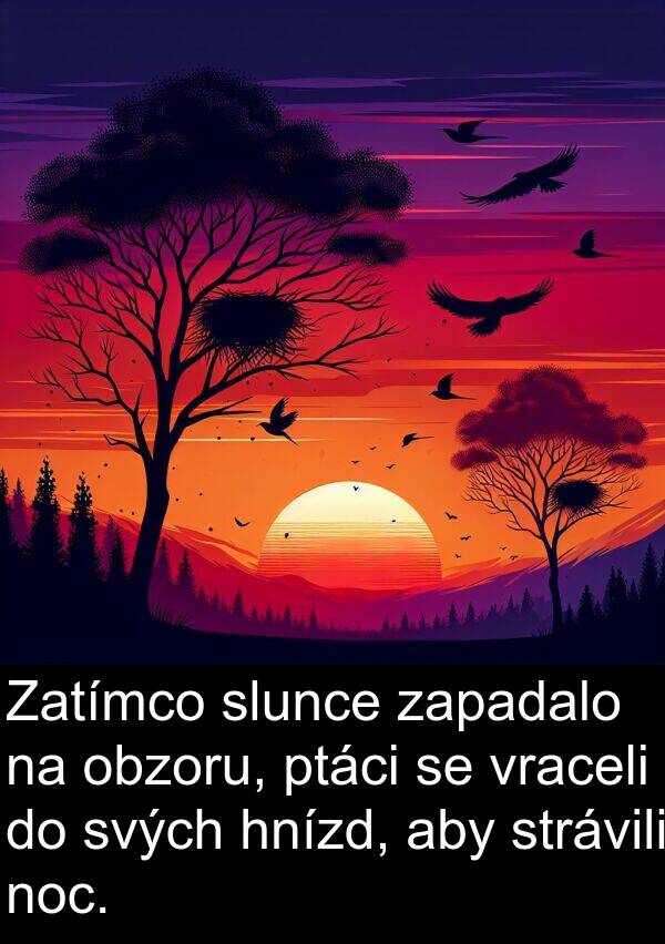 svých: Zatímco slunce zapadalo na obzoru, ptáci se vraceli do svých hnízd, aby strávili noc.
