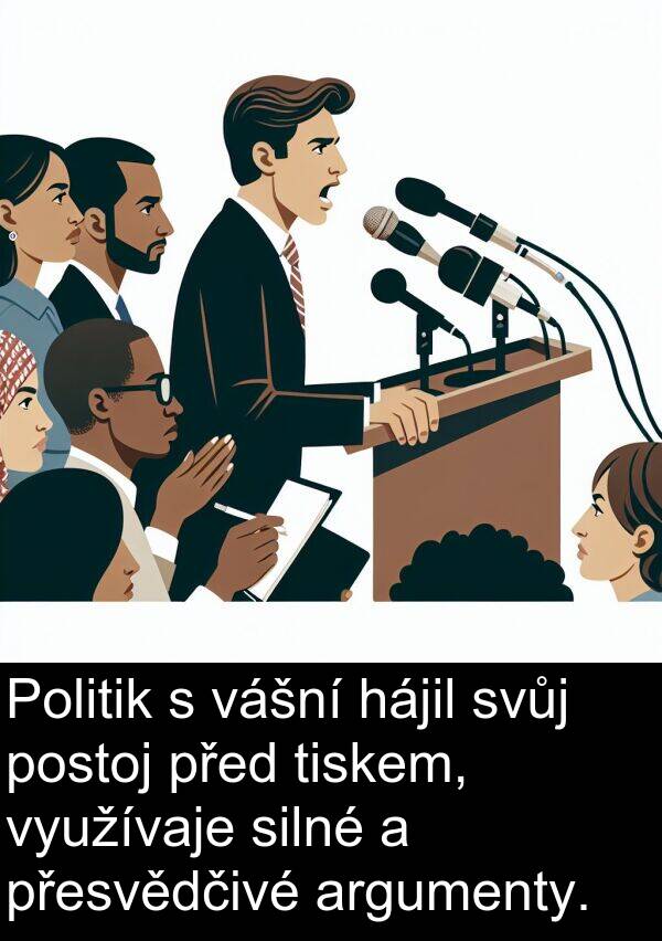 vášní: Politik s vášní hájil svůj postoj před tiskem, využívaje silné a přesvědčivé argumenty.