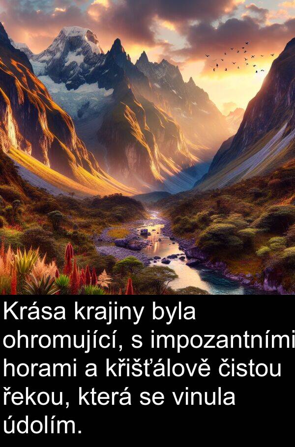 řekou: Krása krajiny byla ohromující, s impozantními horami a křišťálově čistou řekou, která se vinula údolím.
