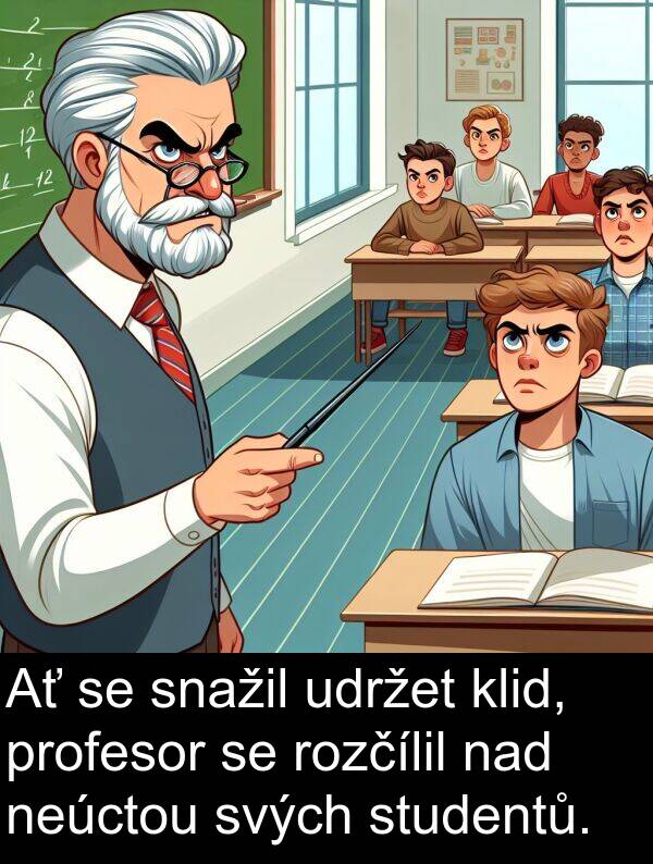 nad: Ať se snažil udržet klid, profesor se rozčílil nad neúctou svých studentů.