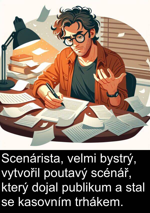 scénář: Scenárista, velmi bystrý, vytvořil poutavý scénář, který dojal publikum a stal se kasovním trhákem.