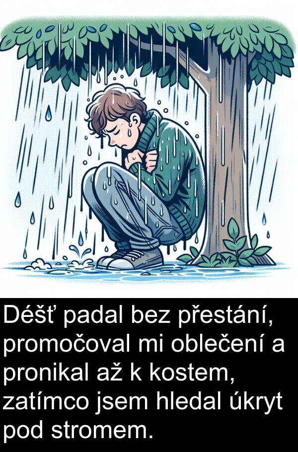 padal: Déšť padal bez přestání, promočoval mi oblečení a pronikal až k kostem, zatímco jsem hledal úkryt pod stromem.