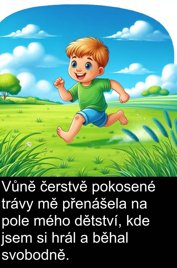 čerstvě: Vůně čerstvě pokosené trávy mě přenášela na pole mého dětství, kde jsem si hrál a běhal svobodně.