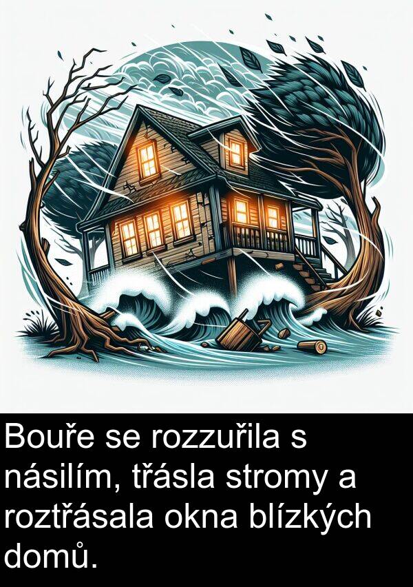 stromy: Bouře se rozzuřila s násilím, třásla stromy a roztřásala okna blízkých domů.