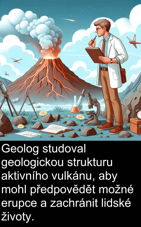 aktivního: Geolog studoval geologickou strukturu aktivního vulkánu, aby mohl předpovědět možné erupce a zachránit lidské životy.