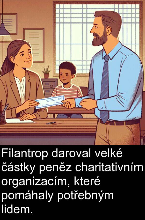 daroval: Filantrop daroval velké částky peněz charitativním organizacím, které pomáhaly potřebným lidem.