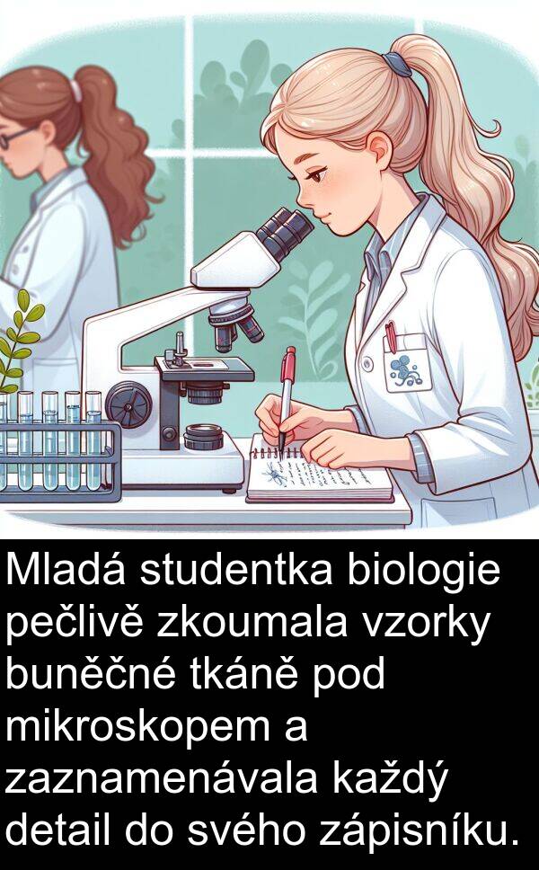 studentka: Mladá studentka biologie pečlivě zkoumala vzorky buněčné tkáně pod mikroskopem a zaznamenávala každý detail do svého zápisníku.