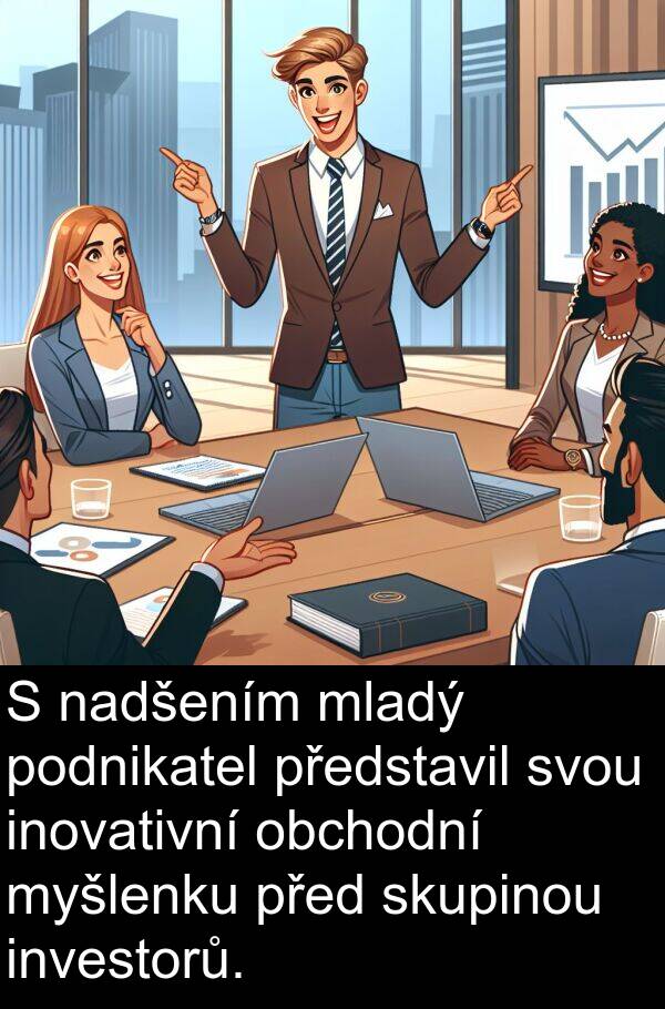 obchodní: S nadšením mladý podnikatel představil svou inovativní obchodní myšlenku před skupinou investorů.