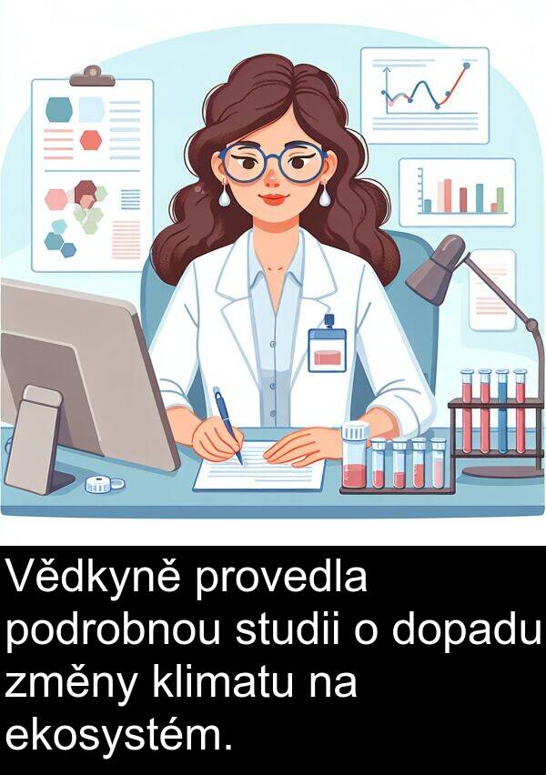 ekosystém: Vědkyně provedla podrobnou studii o dopadu změny klimatu na ekosystém.
