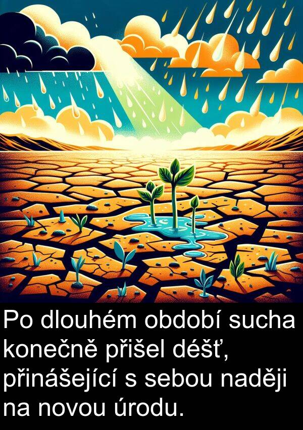 období: Po dlouhém období sucha konečně přišel déšť, přinášející s sebou naději na novou úrodu.