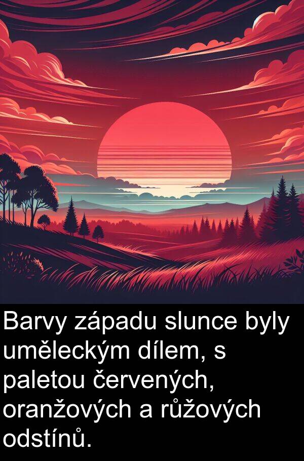 paletou: Barvy západu slunce byly uměleckým dílem, s paletou červených, oranžových a růžových odstínů.