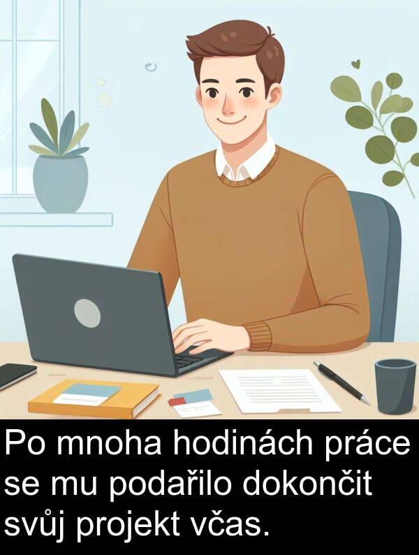 včas: Po mnoha hodinách práce se mu podařilo dokončit svůj projekt včas.