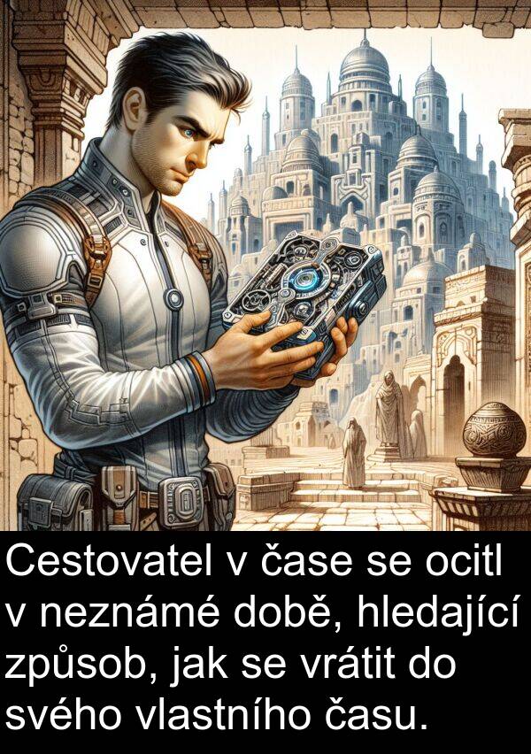 času: Cestovatel v čase se ocitl v neznámé době, hledající způsob, jak se vrátit do svého vlastního času.
