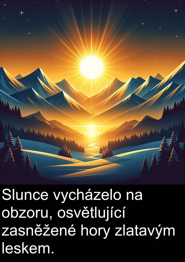 zasněžené: Slunce vycházelo na obzoru, osvětlující zasněžené hory zlatavým leskem.