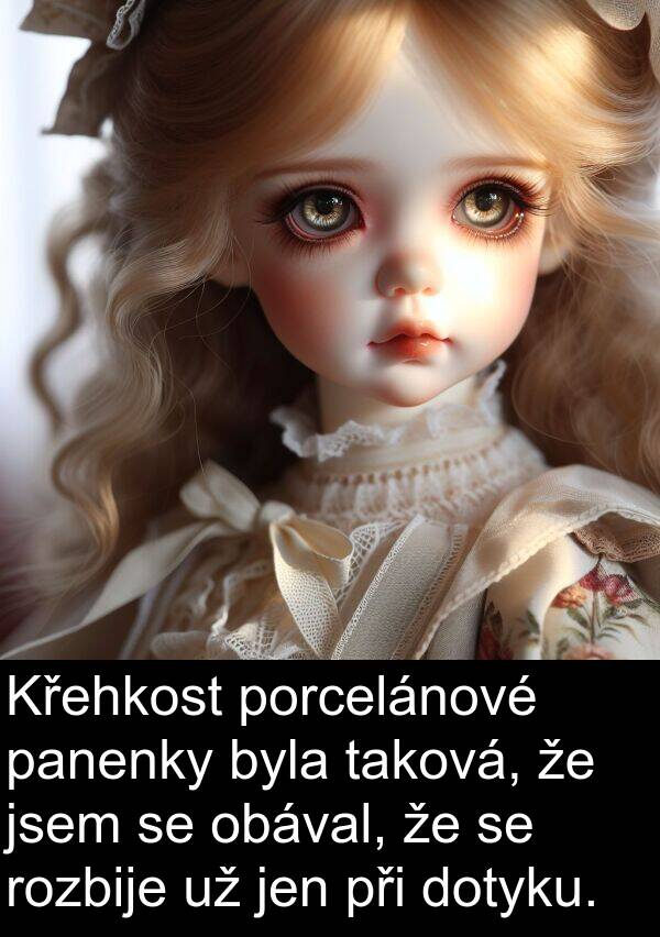 obával: Křehkost porcelánové panenky byla taková, že jsem se obával, že se rozbije už jen při dotyku.