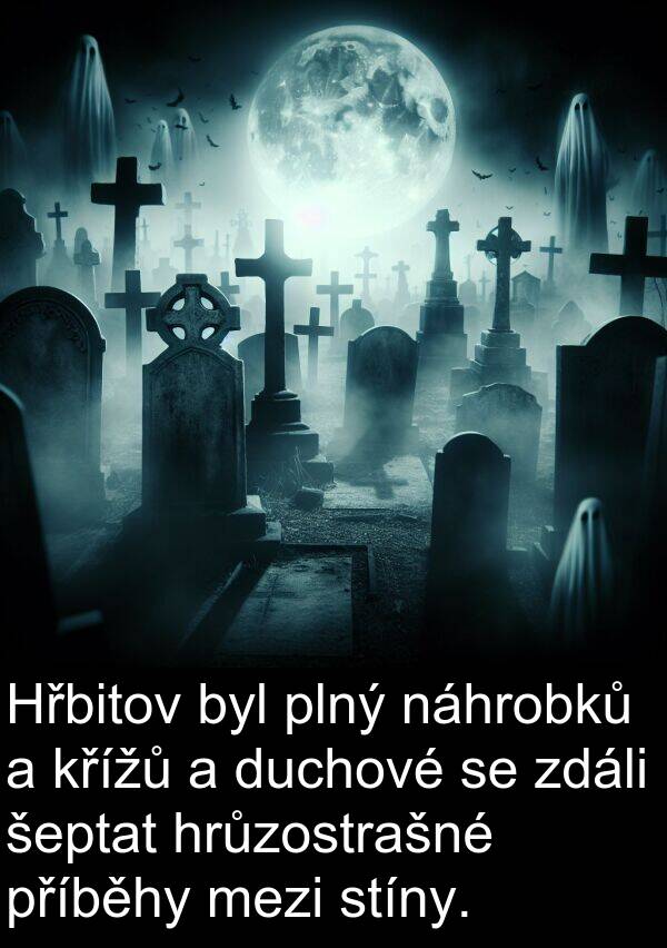 šeptat: Hřbitov byl plný náhrobků a křížů a duchové se zdáli šeptat hrůzostrašné příběhy mezi stíny.