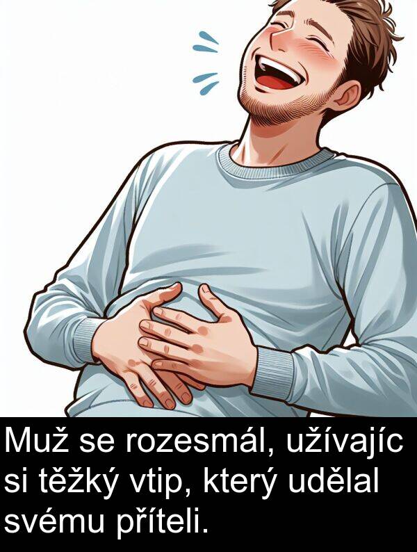 udělal: Muž se rozesmál, užívajíc si těžký vtip, který udělal svému příteli.