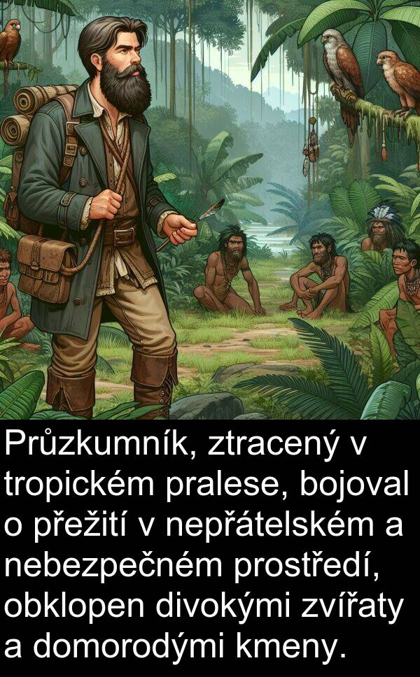 bojoval: Průzkumník, ztracený v tropickém pralese, bojoval o přežití v nepřátelském a nebezpečném prostředí, obklopen divokými zvířaty a domorodými kmeny.