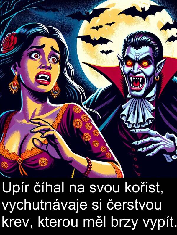 číhal: Upír číhal na svou kořist, vychutnávaje si čerstvou krev, kterou měl brzy vypít.