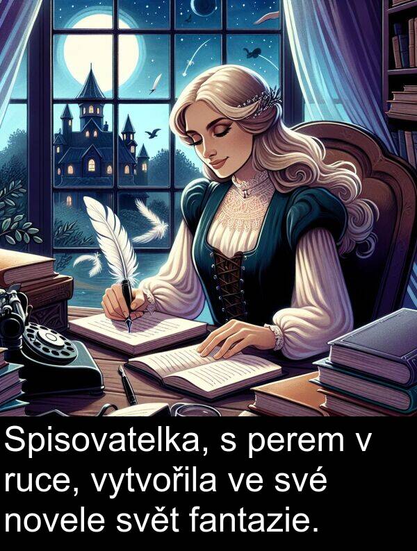 fantazie: Spisovatelka, s perem v ruce, vytvořila ve své novele svět fantazie.