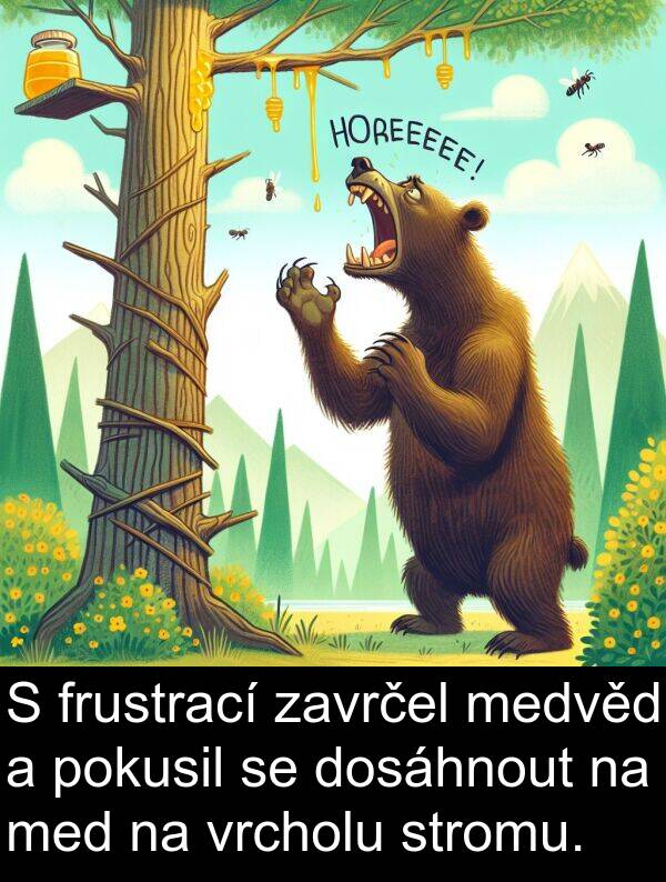 stromu: S frustrací zavrčel medvěd a pokusil se dosáhnout na med na vrcholu stromu.