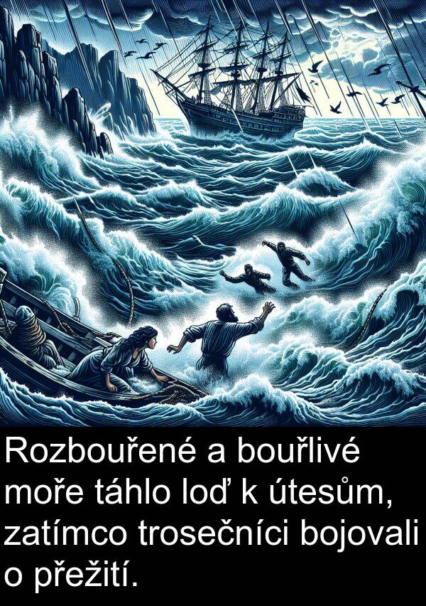 táhlo: Rozbouřené a bouřlivé moře táhlo loď k útesům, zatímco trosečníci bojovali o přežití.
