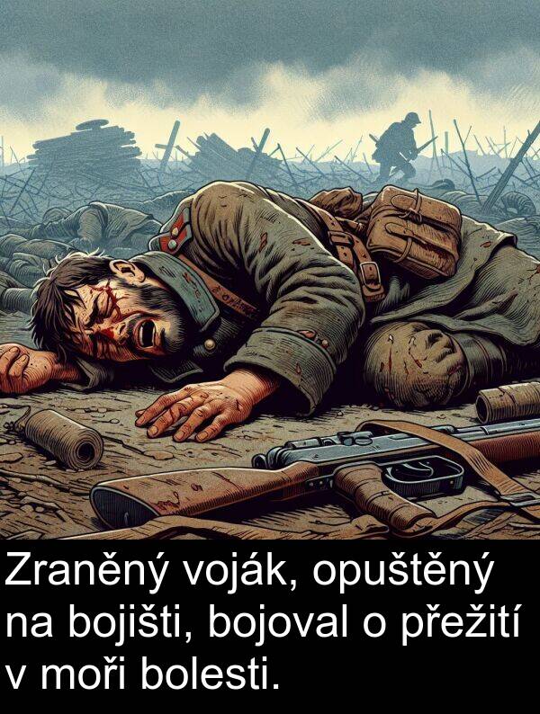 bojoval: Zraněný voják, opuštěný na bojišti, bojoval o přežití v moři bolesti.
