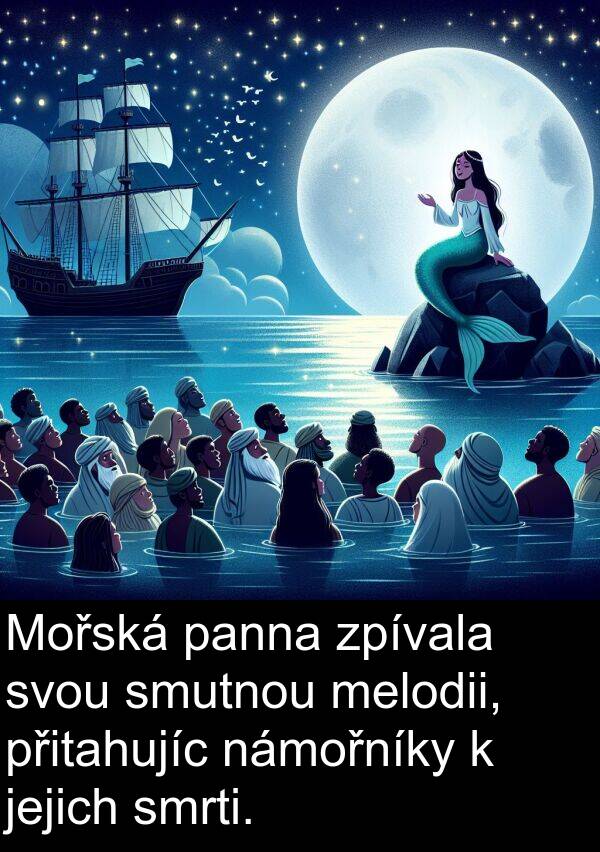 panna: Mořská panna zpívala svou smutnou melodii, přitahujíc námořníky k jejich smrti.