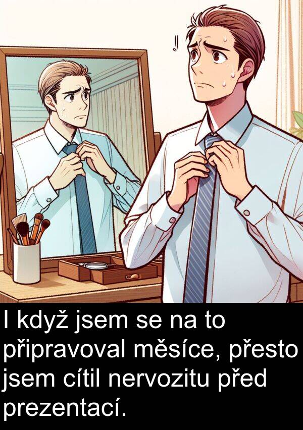cítil: I když jsem se na to připravoval měsíce, přesto jsem cítil nervozitu před prezentací.