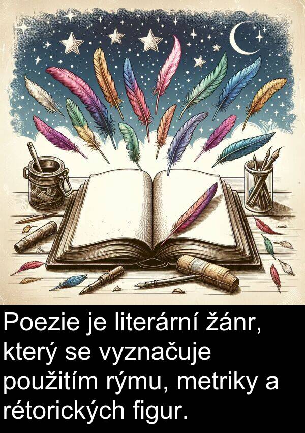 figur: Poezie je literární žánr, který se vyznačuje použitím rýmu, metriky a rétorických figur.