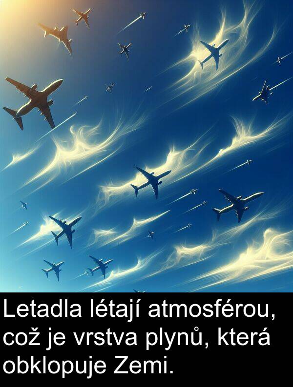 což: Letadla létají atmosférou, což je vrstva plynů, která obklopuje Zemi.