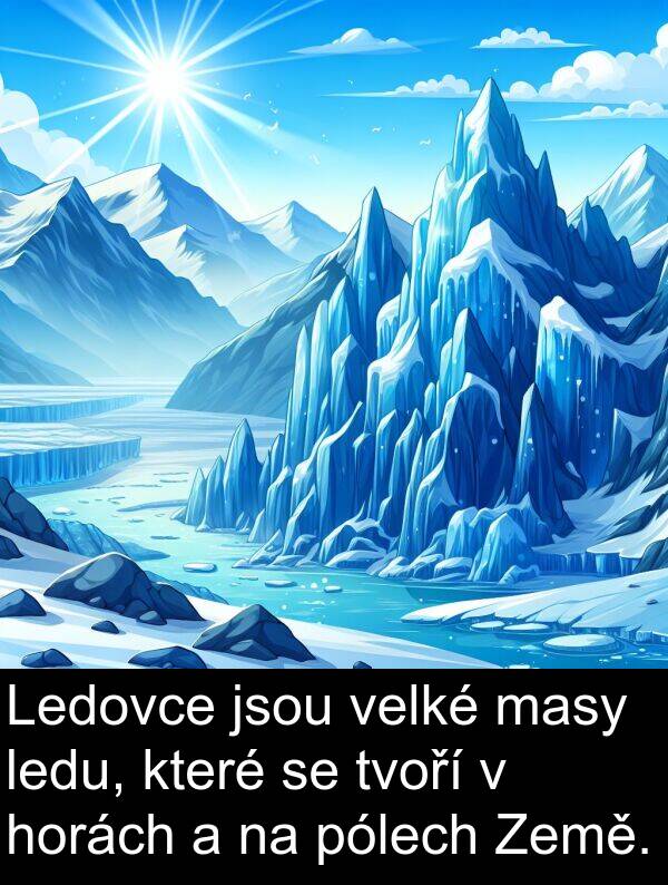 ledu: Ledovce jsou velké masy ledu, které se tvoří v horách a na pólech Země.