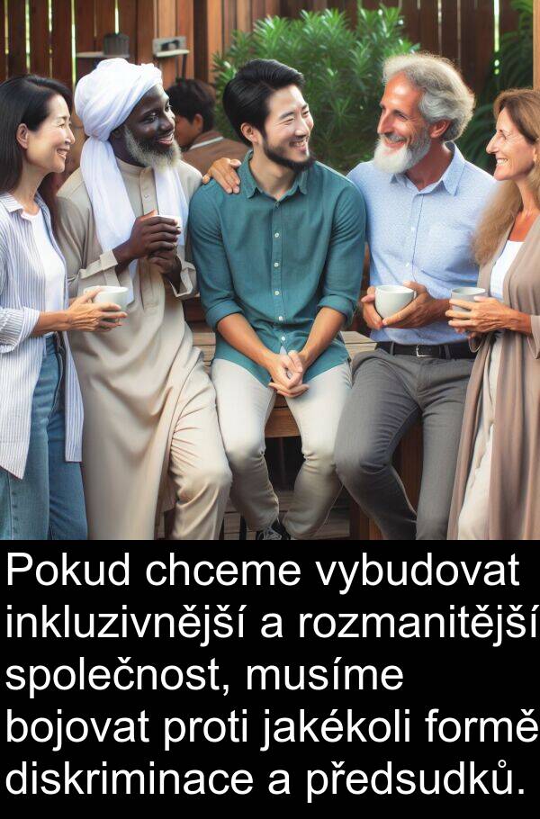chceme: Pokud chceme vybudovat inkluzivnější a rozmanitější společnost, musíme bojovat proti jakékoli formě diskriminace a předsudků.