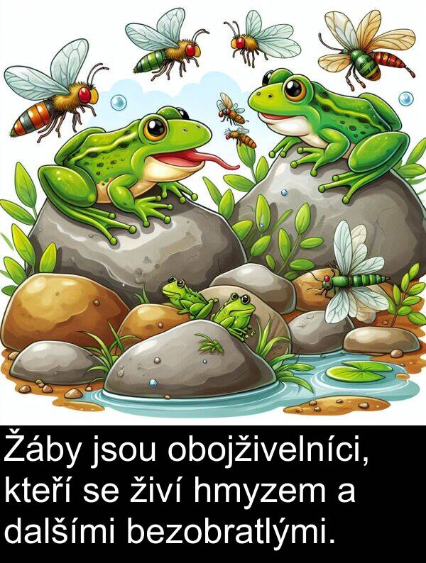 živí: Žáby jsou obojživelníci, kteří se živí hmyzem a dalšími bezobratlými.