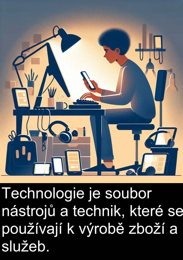 technik: Technologie je soubor nástrojů a technik, které se používají k výrobě zboží a služeb.